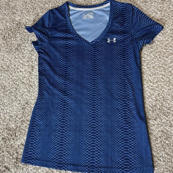 Under Armour Shirt Womens Medium Blue HeatGear V Neck Athletic Running Workout - Picture 1 of 8